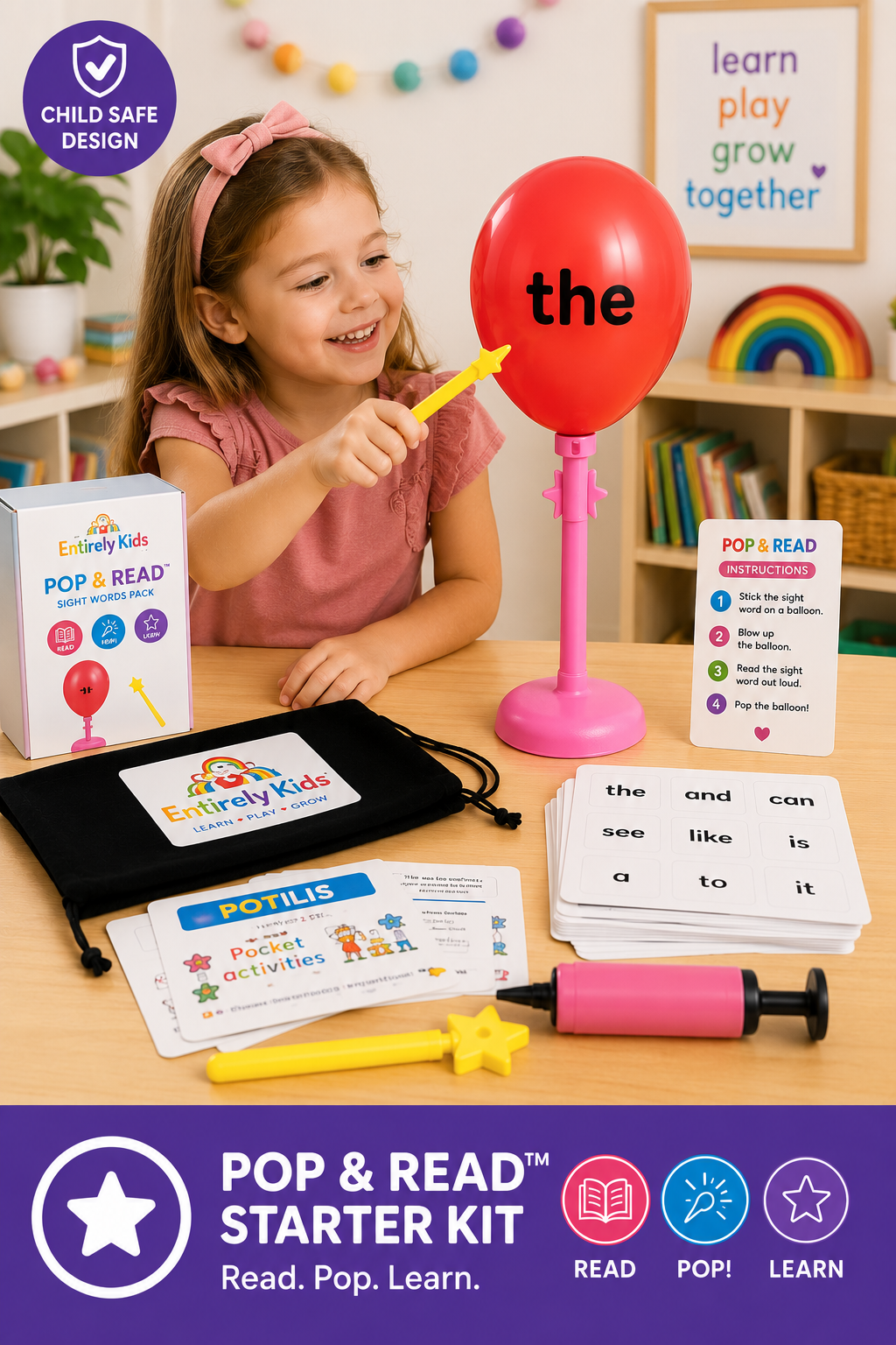 Child learning sight words with colourful educational balloon game