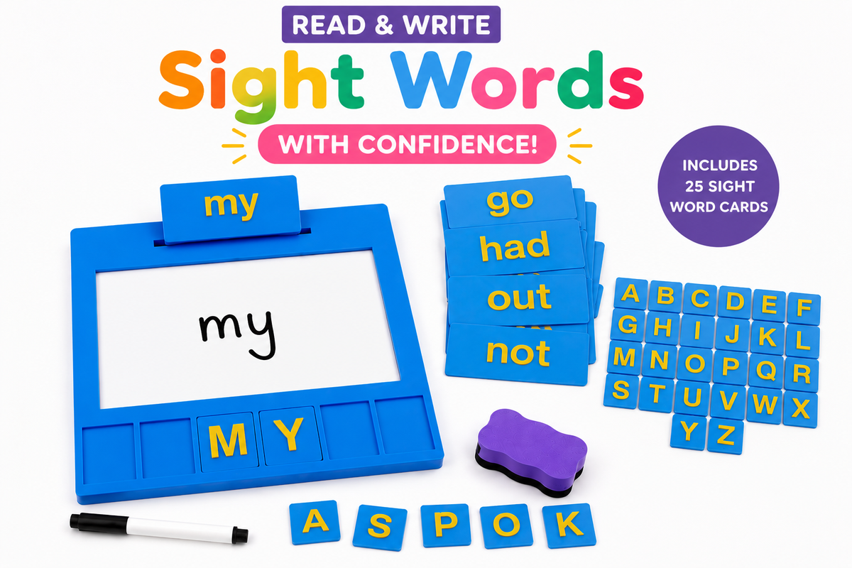 Blue Entirely Kids Sight Word Board kit with 25 sight word cards, alphabet letter tiles, marker and eraser