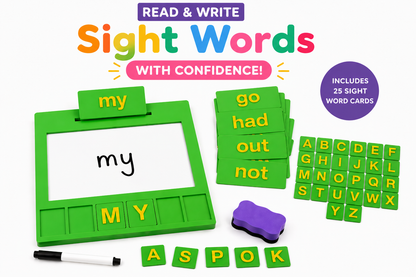 Green Entirely Kids Sight Word Board kit with 25 sight word cards, alphabet letter tiles, marker and eraser