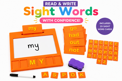 Orange Entirely Kids Sight Word Board kit with 25 sight word cards, alphabet letter tiles, marker and eraser