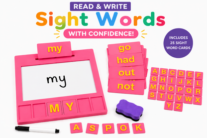 Pink Entirely Kids Sight Word Board kit with 25 sight word cards, alphabet letter tiles, marker and eraser