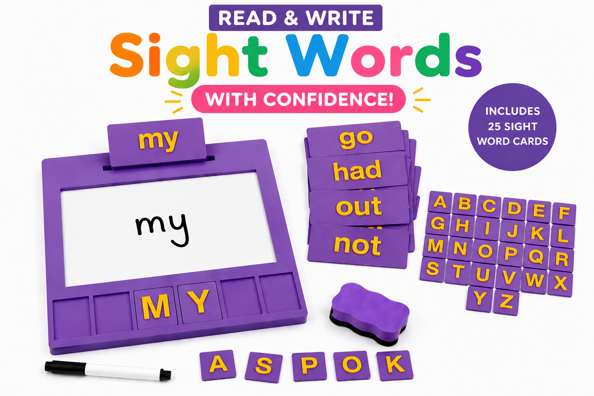 Purple Entirely Kids Sight Word Board kit with 25 sight word cards, alphabet letter tiles, marker and eraser