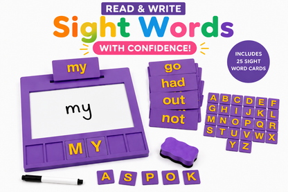 Purple Entirely Kids Sight Word Board kit with 25 sight word cards, alphabet letter tiles, marker and eraser