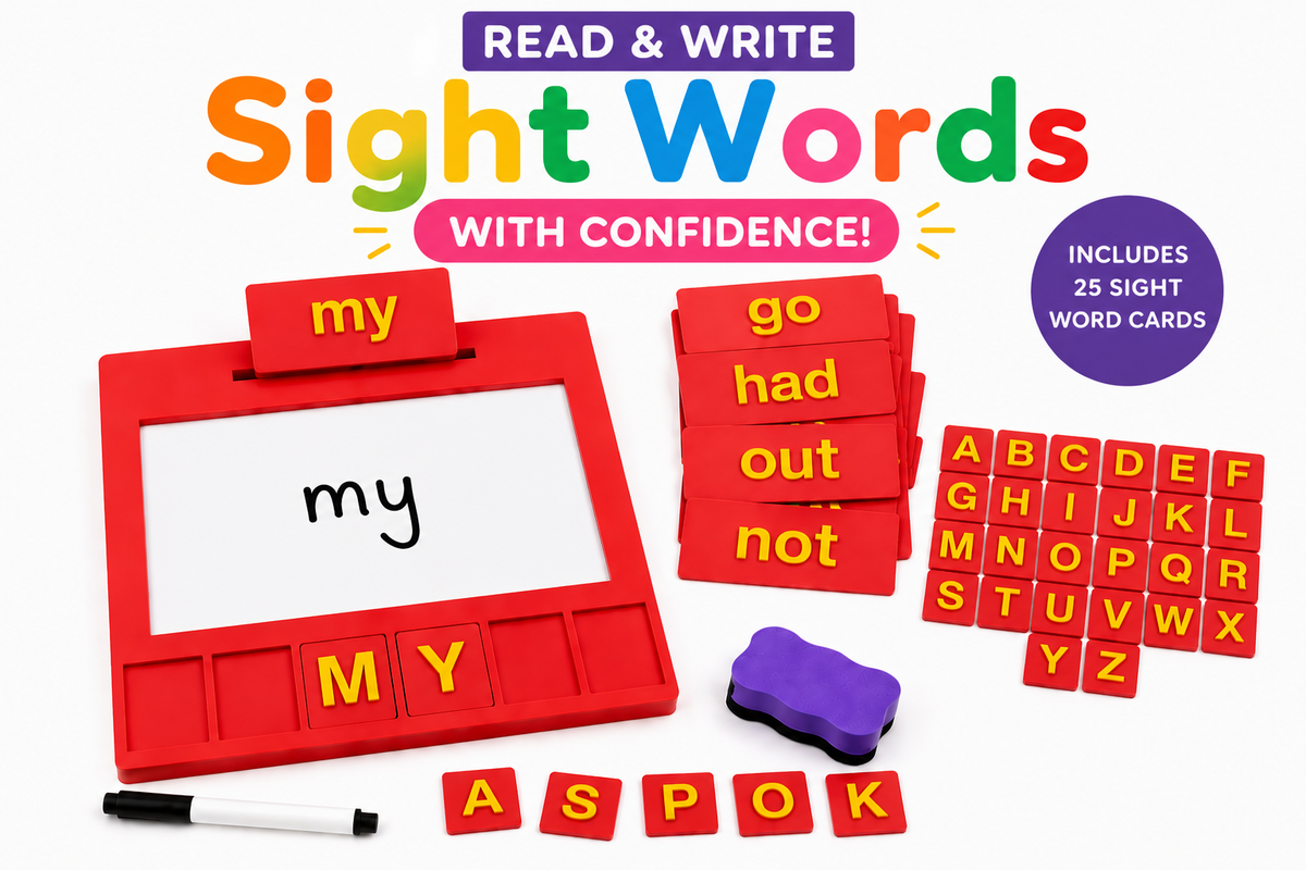 Red Entirely Kids Sight Word Board kit with 25 sight word cards, alphabet letter tiles, marker and eraser