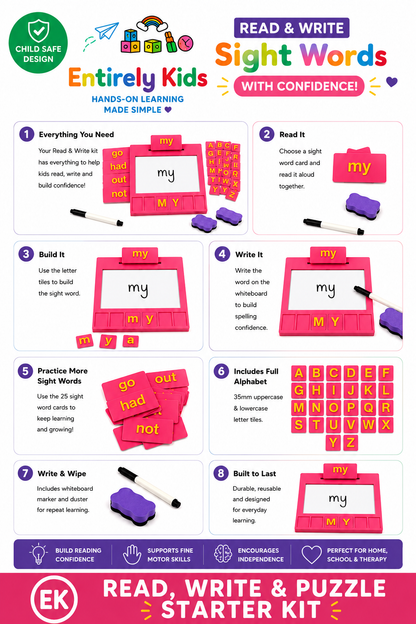 How to use the Entirely Kids Sight Word Board to read, build and write sight words with letter tiles