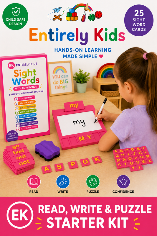 Entirely Kids Sight Word Board starter kit with letter tiles, sight word cards and reusable writing board