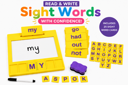 Yellow Entirely Kids Sight Word Board kit with 25 sight word cards, alphabet letter tiles, marker and eraser