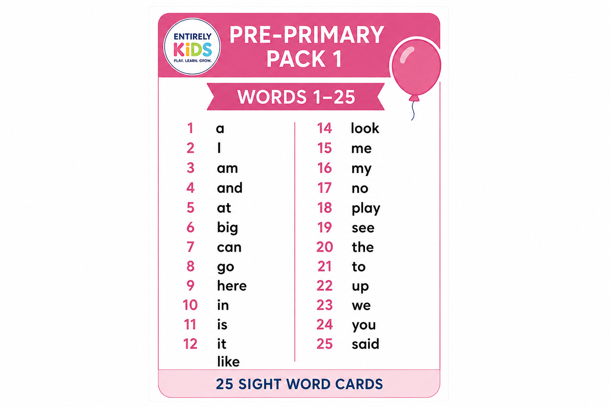 Pre-Primary Pack 1 sight word cards showing 25 early reading words by Entirely Kids