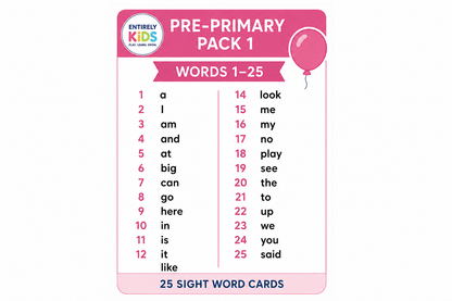 Pre-Primary Pack 1 sight word cards showing 25 early reading words by Entirely Kids