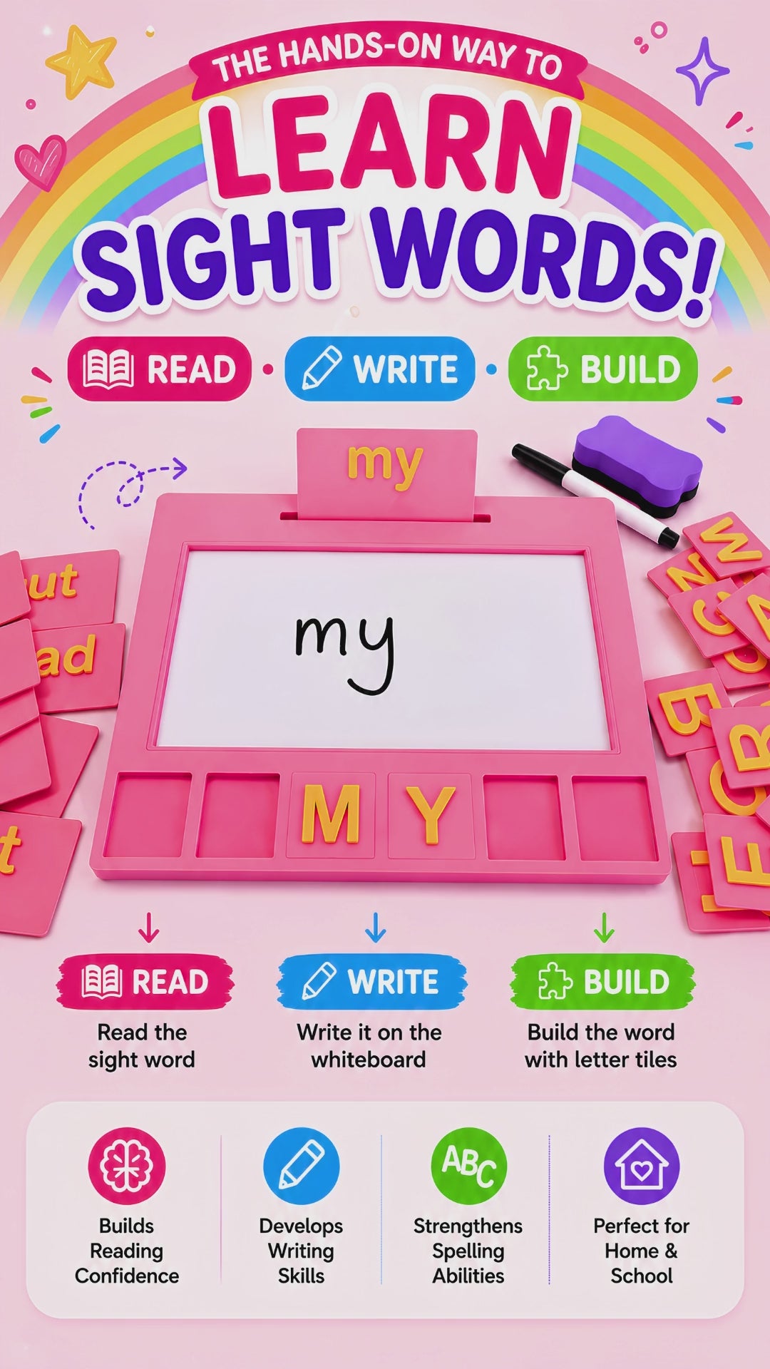 Demonstration of the Entirely Kids Sight Word Board showing how children read, build and write sight words