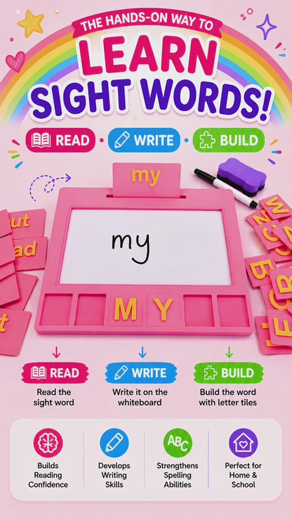 Demonstration of the Entirely Kids Sight Word Board showing how children read, build and write sight words