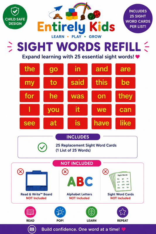 Entirely Kids replacement sight word card refill with 25 reusable sight words for the Read & Write Sight Word Board.