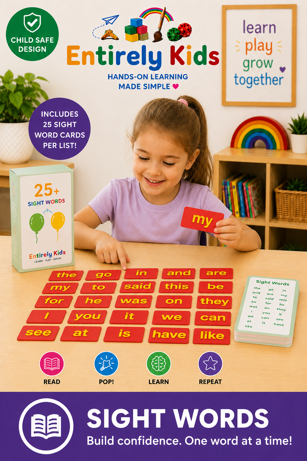 Replacement sight word cards for the Entirely Kids Read & Write Sight Word Board, with 25 reusable sight words for hands-on learning.